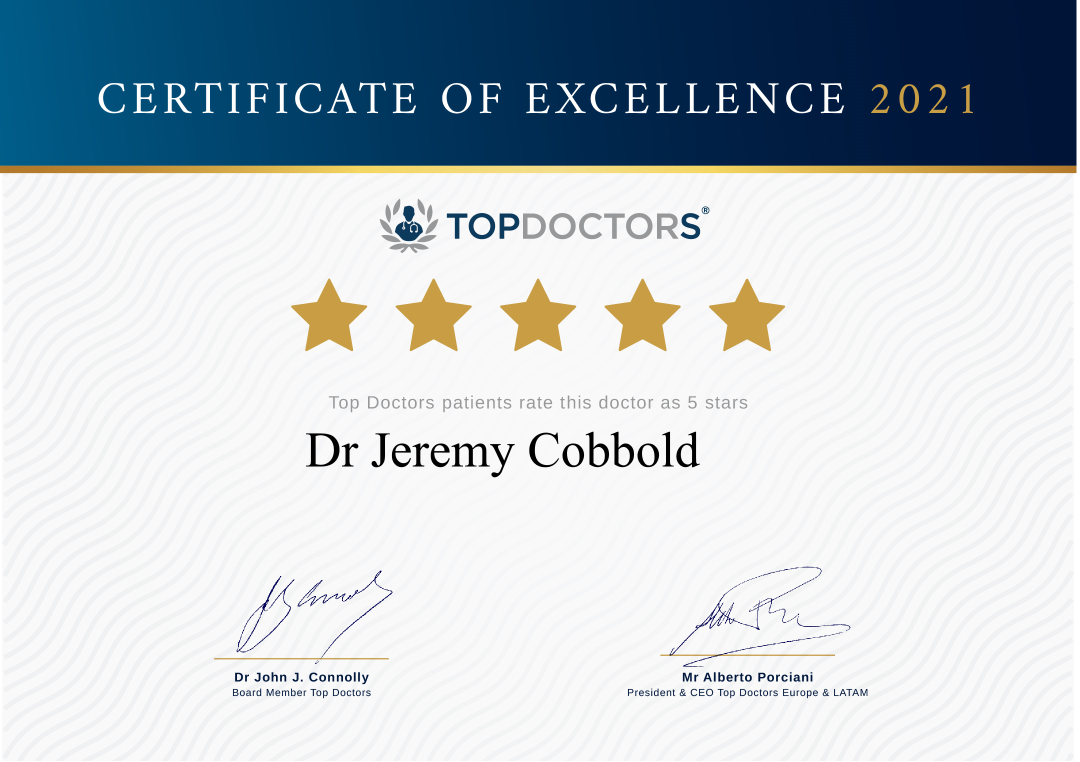 Top Doctors Certificate of Excellence 2021